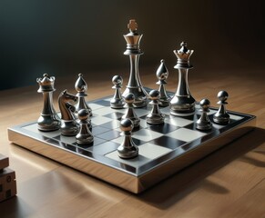 An elegant chess set featuring sleek metallic pieces arranged on a polished wooden board. The sophisticated design and reflective surfaces create a striking visual, perfect for enthusiasts of classic