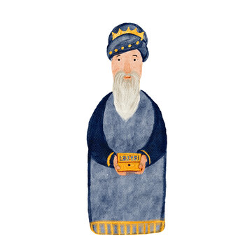 recommend clip art: Wise man, king, magi with gift Christmas set hand painted digital watercolor. High quality art for cards, stickers, posters, tape, celebration of true Christmas, decoration. Cute minimalistic clip art