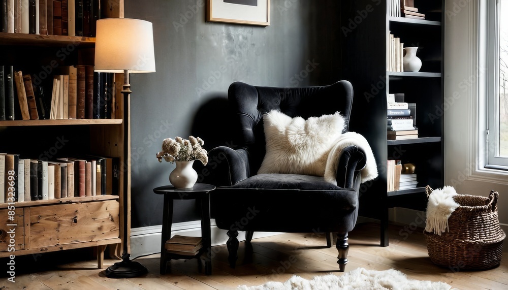 Poster A cozy reading nook featuring a plush velvet armchair, a side table with a vase of dried flowers, and a floor lamp. The rustic library setting includes a wooden bookshelf filled with books, creating a