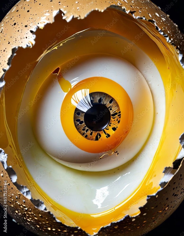 Poster a striking close-up of an abstract yellow eye encased in a cracked eggshell, showcasing intricate de