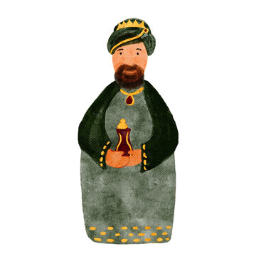 recommend clip art: Wise man, king, magi with gift Christmas set hand painted digital watercolor. High quality art for cards, stickers, posters, tape, celebration of true Christmas, decoration. Cute minimalistic clip art