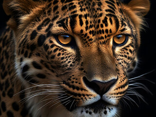 Obraz premium Close up Of Leopard With Black Background. Generative AI