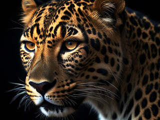 Fototapeta premium Close up Of Leopard With Black Background. Generative AI