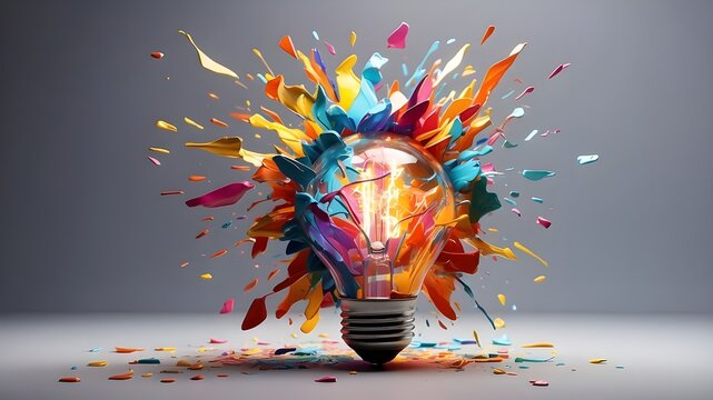 An inventive technique to create a colorful light bulb explosion using paint and shards. Concept, think in a new way. Innovation, business, and the development of new technologies