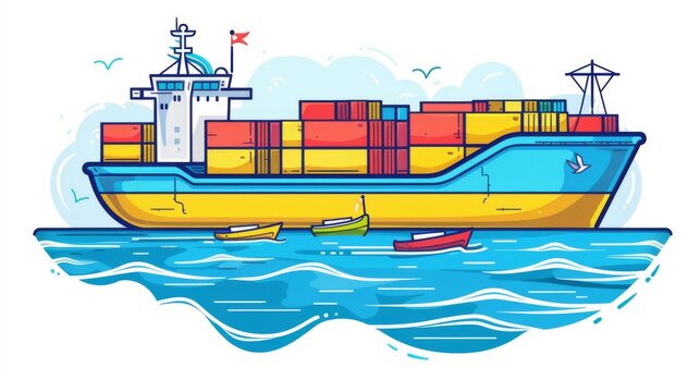 recommend clip art: Cute cartoon cargo ship design for t-shirts, icons, logos, labels, patches, or stickers. Includes coloring page and colorful clipart character in vector illustration.