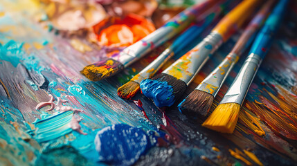 Vibrant Close-Up of Artistic Paintbrushes and a Colorful Palette, Symbolizing Creativity and Artistry