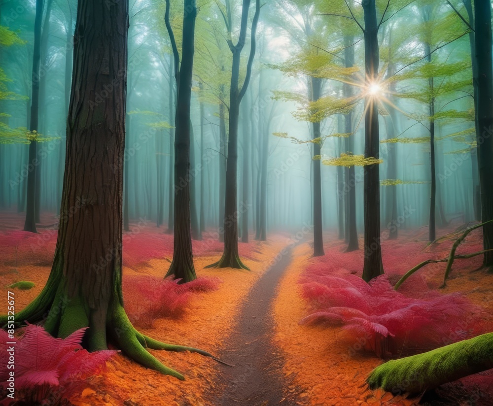 Poster an enchanting forest path with vibrant red ferns and green trees bathed in sunlight. the scene is fi