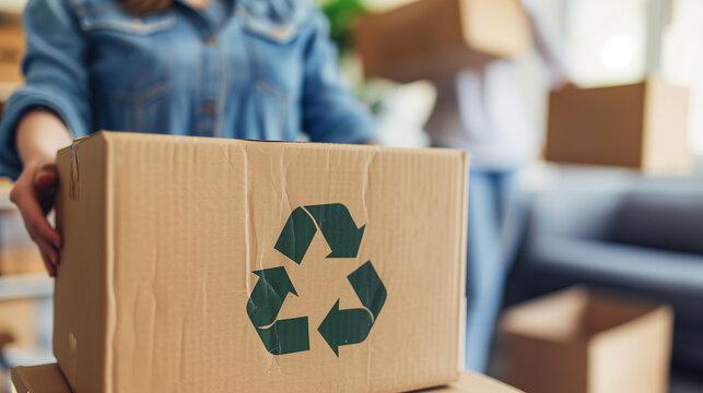 A person holding a recycled cardboard moving box, with another person in the background carrying more boxes, highlighting eco-friendly moving practices.
