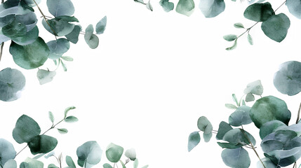 Herbal eucalyptus leaves frame isolated on a white background. Greenery wedding simple minimalist invitation. Watercolor style card