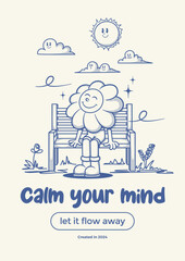 Flower retro mascot, cartoon mascot, mindfulness