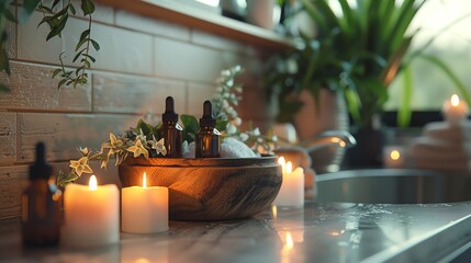 A serene bathroom setup with lit candles, essential oil bottles, and plants creating a relaxing atmosphere on a marble countertop.