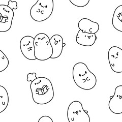 Cute happy potato character. Seamless pattern. Coloring Page. Cartoon kawaii food with funny face. Hand drawn style. Vector drawing. Design ornaments.