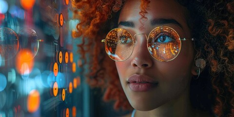 Woman Looking Through Window at City Lights