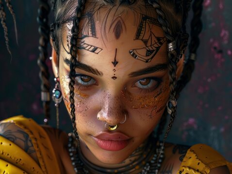 A beautiful young Afro-Asian woman with tattoos and scarification - generative ai