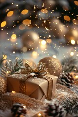 christmas winter blurred background with giftbox and garland lights with golden bokeh.