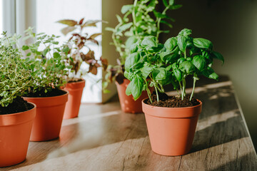 Kitchen herbs in a flower pots on a wooden table near window