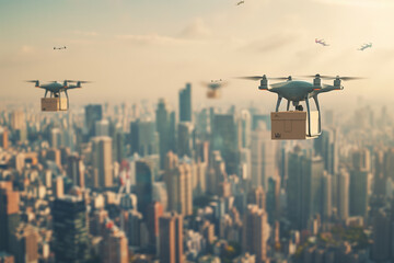 Photo of a modern city with drones delivering packages