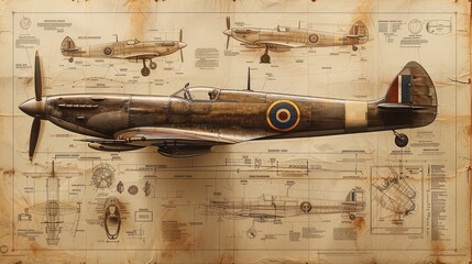 Detailed Schematic of a Spitfire Fighter Aircraft