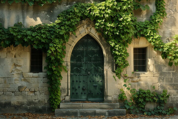 Photo of a monastery with a vine covered wall