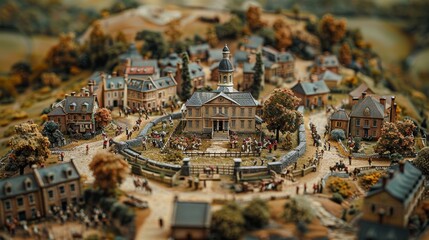 Aerial View of American Revolution Battlefield with Soldiers in Authentic Uniforms and Weapons
