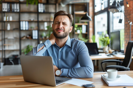 Pain in the neck muscle of Caucasian young man. Nape pain and nuchal stiffness concept.