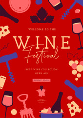 Modern wine festival party poster with wine attributes. Line art vector illustration