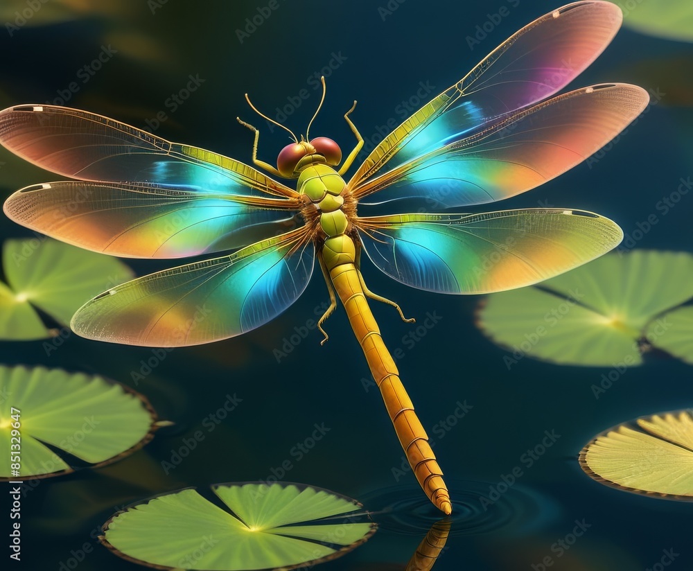 Poster a vibrant digital rendering of a colorful dragonfly resting on lily pads, showcasing intricate detai