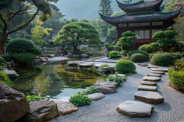Photo of a serene water garden in a Buddhist monastery