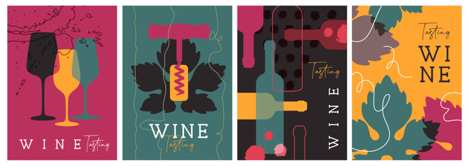 Set of modern magazine covers or posters with wine bottles and glasses. Restaurant abstract flat menu design. Wine tasting. Vector illustration