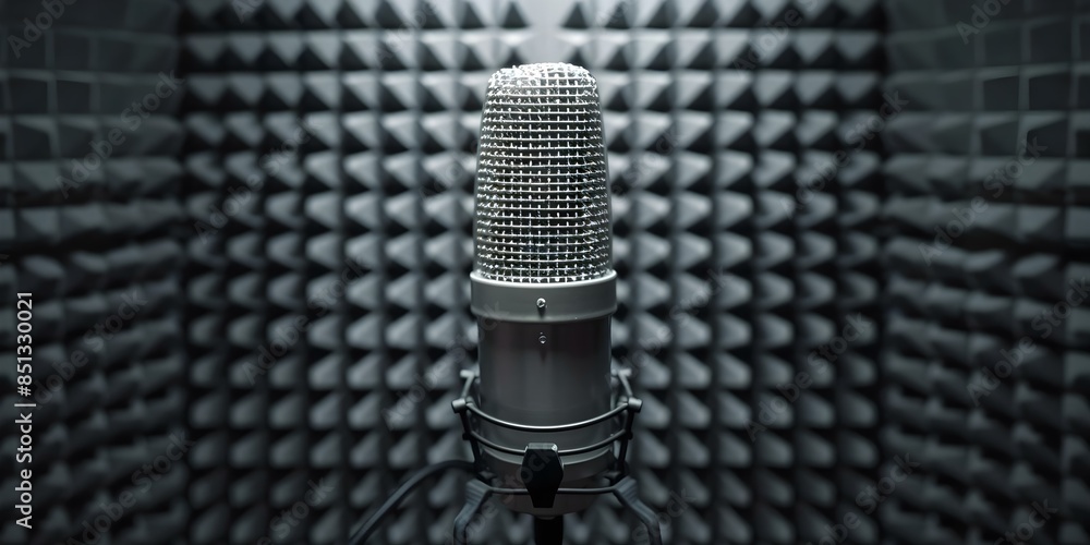 Poster 3d rendering of studio condenser microphone in soundproof room with acoustic foam. concept 3d render