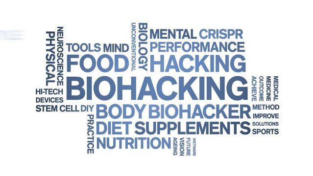 Biohacking animated word cloud;text design animation tag kinetic typography seamless loop.