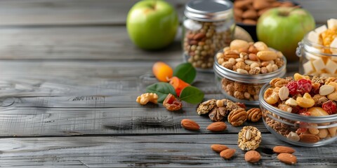 Highres image of healthy snacks for camping against glossy backdrop. Concept Healthy Snacks, Camping, Glossy Backdrop, High Resolution, Food Photography