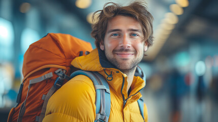 Naklejka premium Adventurous Young Caucasian Man with Backpack Ready to Explore, Standing in an Airport Terminal