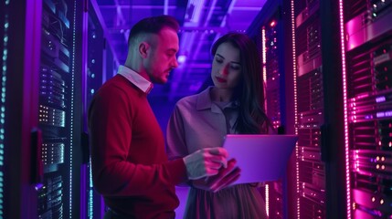 Two engineers in server room