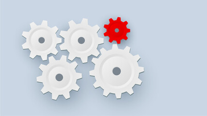 3D white gears and cogs on gray, cooperation concept technology background with copy space.