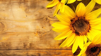 Wild sunflower, close-up, vibrant yellow petals, warm sunlight, high detail, rustic wooden background. 