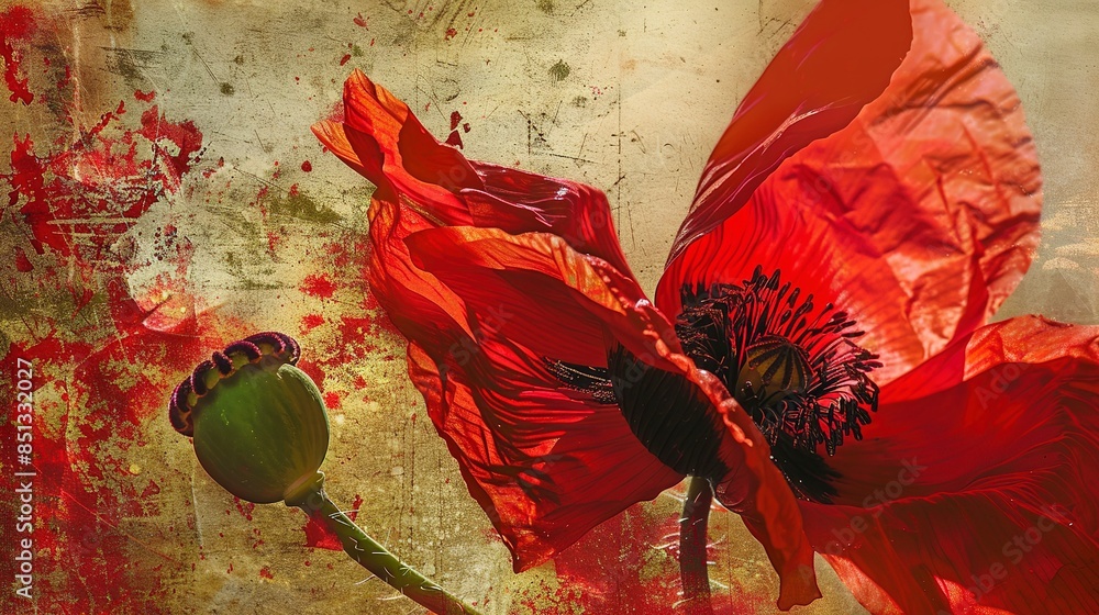 Poster Poppy flower, close-up, vibrant red petals, bright daylight, detailed textures, rustic field background.