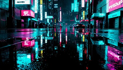 A dramatic urban nightscape showcasing wet streets reflecting bright neon lights. The scene captures the essence of city nightlife with vibrant colors and a moody, atmospheric vibe.. AI Generation