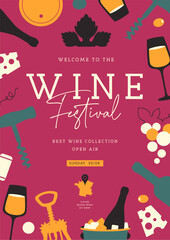 Modern wine festival party poster with wine attributes. Line art vector illustration
