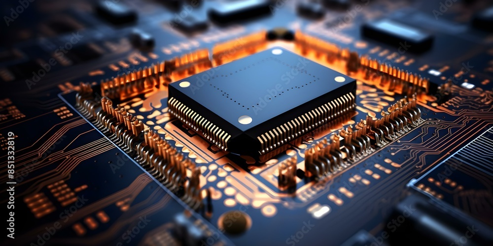 Poster extreme closeup of a modern microprocessor chip on a computer motherboard. concept technology, micro