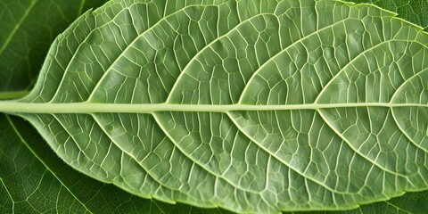 Obraz premium Detailed closeup of green leaf veins suitable for biology textbooks or articles. Concept Botany, Close-up Photography, Macro Shots, Leaf Veins, Biology Textbooks