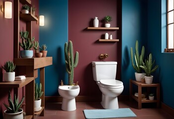 Modern bathroom interior with a white ceramic toilet, a white porcelain pedestal sink, and wooden shelves displaying assorted potted succulents and decorative items