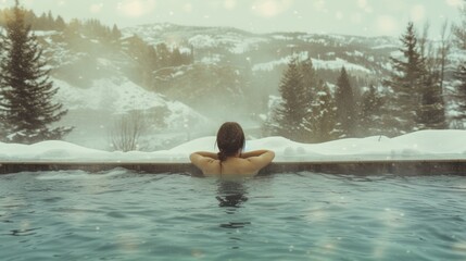 Woman Relaxing in a Hot Tub With Snowy Mountain Views