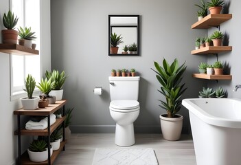 Modern bathroom interior with a white ceramic toilet, a white porcelain pedestal sink, and wooden shelves displaying assorted potted succulents and decorative items