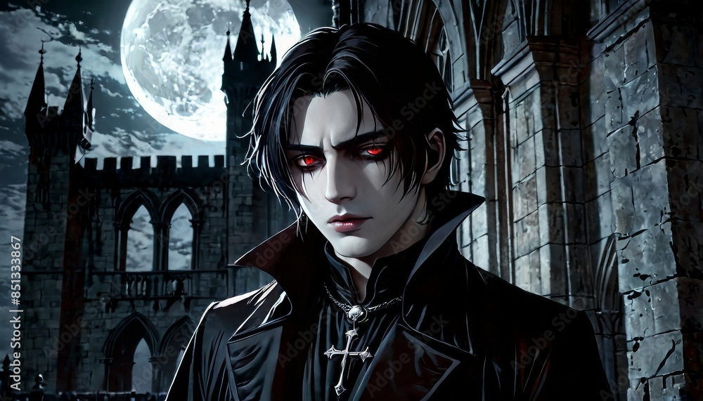 Poster a haunting image of a dark vampire man with piercing red eyes, set in a gothic environment with a fu