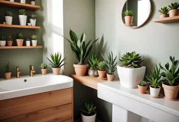 Modern bathroom interior with a white ceramic toilet, a white porcelain pedestal sink, and wooden shelves displaying assorted potted succulents and decorative items