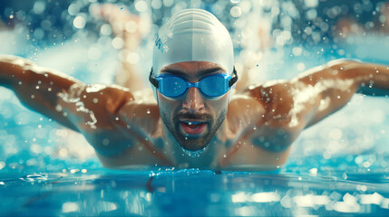 A man swims butterfly style in the pool wearing blue safety glasses and a white cap. A swimming competition. A sports concept