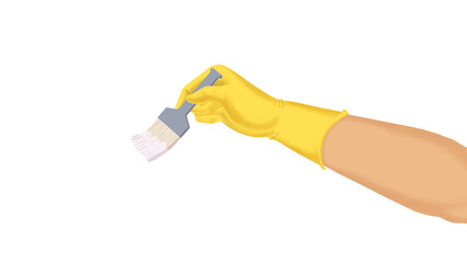close-up of a hand wearing yellow latex gloves, using brush to paint on a white background. Cleaning or housekeeping concept background. Frame for text or advertising.Illustration or vector style