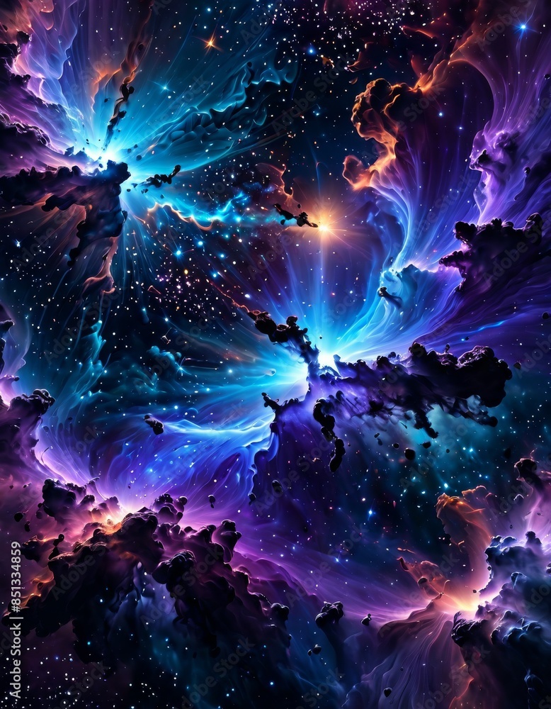 Poster stunning view of a vibrant nebula in outer space, showcasing colorful gas clouds and distant stars. 