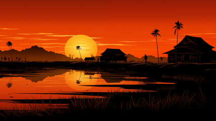 Obraz premium Thai rural life with rice field and hut in sunset time